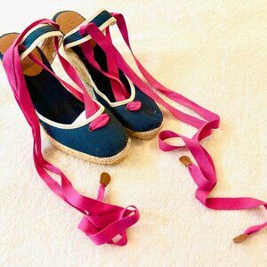 J. Crew Pink/Navy Ballet Espadrille Wedge (Size 7)